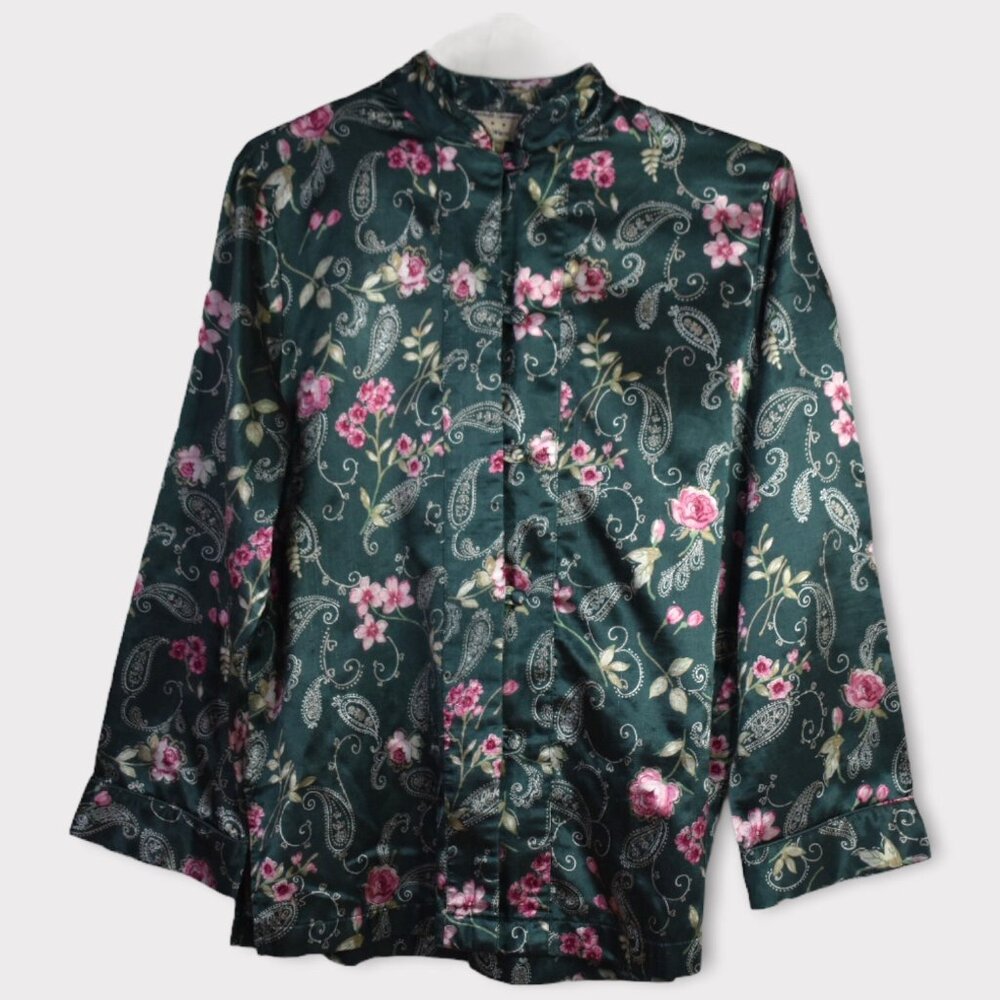 Amanda Stewart Kimono Top S Womens Green Pink Floral Paisley Long Sleeve